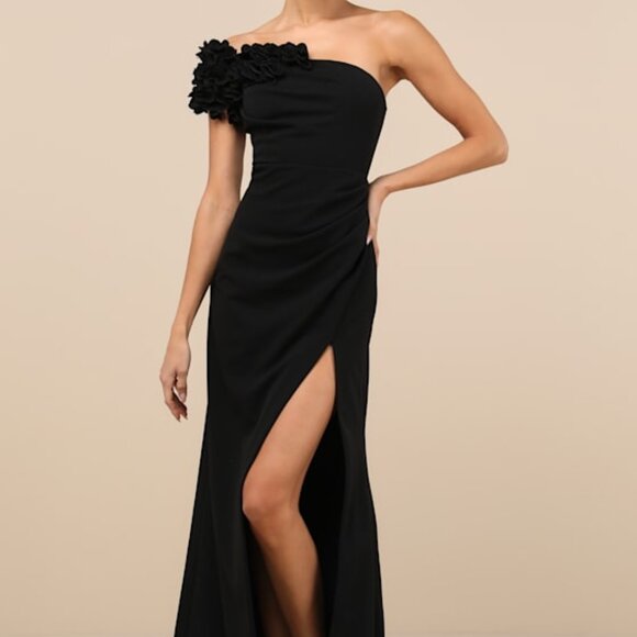 Lulus Beyond Elegant Black 3d Floral One-shoulder Maxi Dress - Size L - Picture 1 of 1